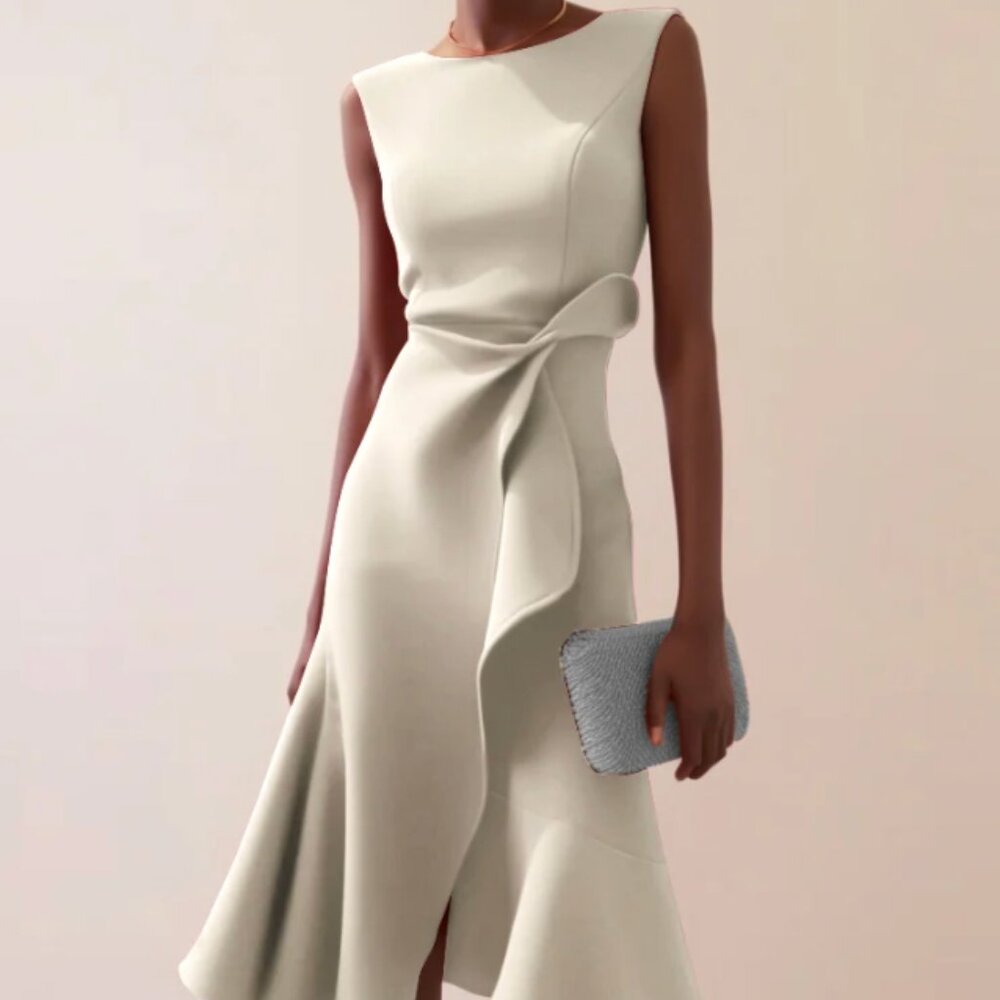 FEHAUTE NET Apricot White Sleeveless Midi Elegant Dress with Waist Twist, 8